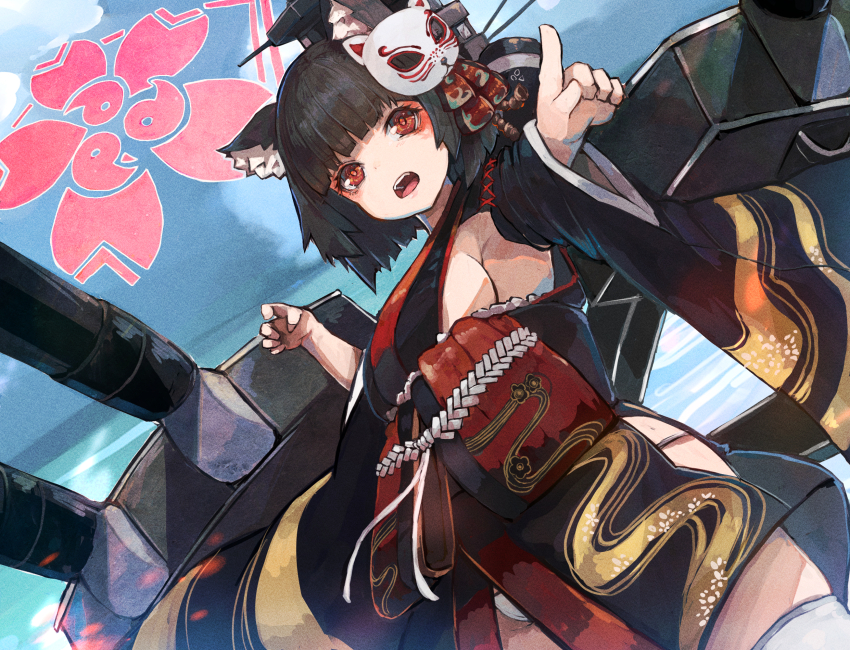1girl, animal_ear_fluff, animal_ears, azur_lane, black_hair, black_kimono, black_sash, bob_cut