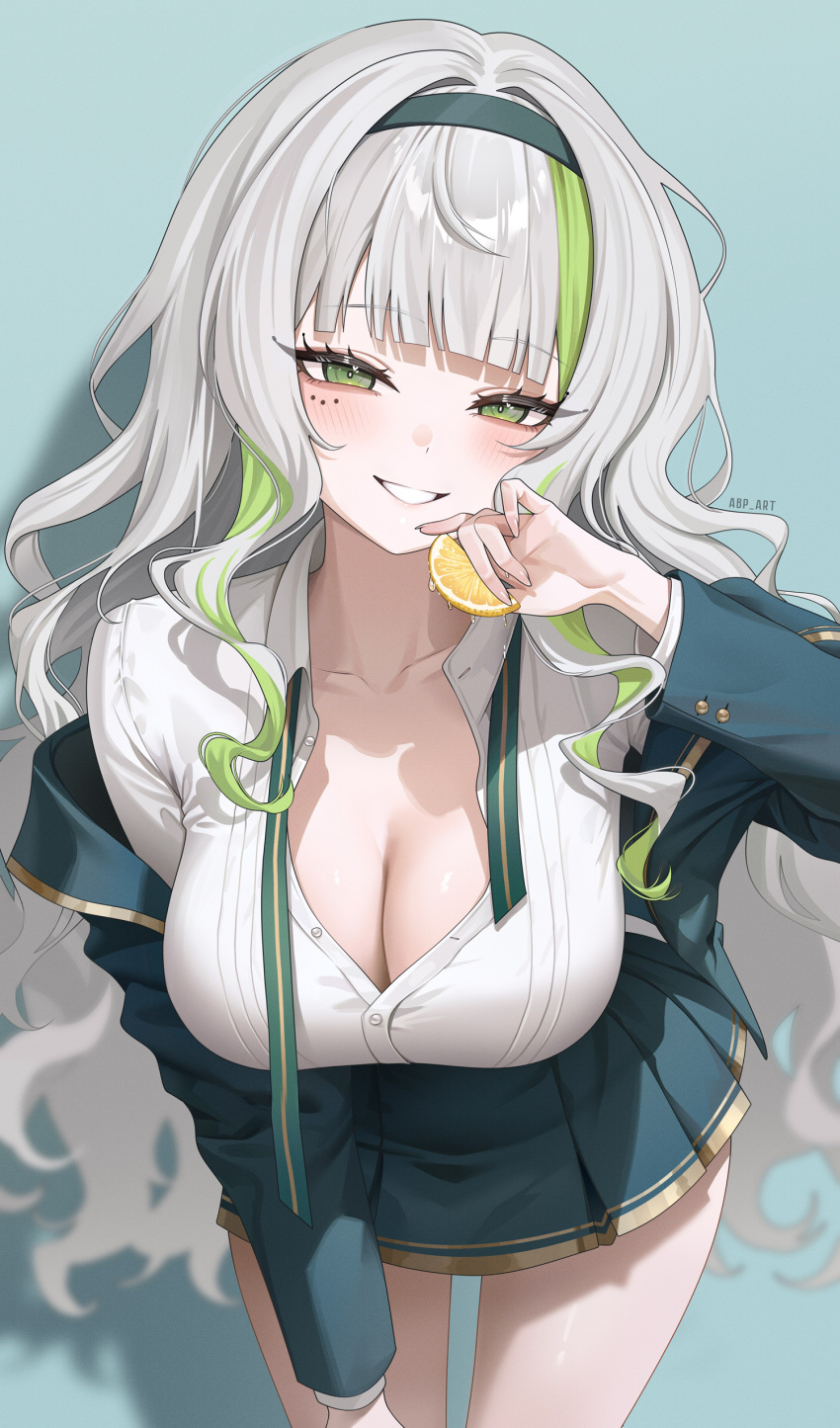 1girl, abpart, absurdres, artist_name, blunt_bangs, blush, breasts, cleavage
