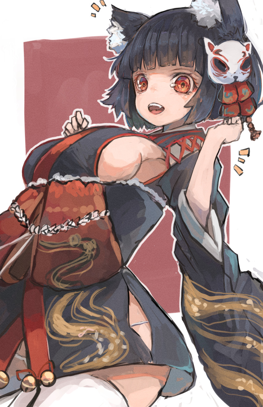 1girl, :d, animal_ear_fluff, animal_ears, arched_back, azur_lane, bell, black_hair, black_kimono, black_sash, blunt_bangs, bob_cut, bow, breasts, cat_ears, cat_mask, clothing_cutout, commentary_request, curvy, detached_sleeves, eyeshadow, fang, from_side, furisode_sleeves, hair_ornament, hair_ribbon, highres, hip_vent, japanese_clothes, jingle_bell, kanzashi, kimono, long_sleeves, looking_at_viewer, makeup, manaita_obi, mask, mask_on_head, medium_breasts, narrow_waist, notice_lines, nyucha, obi, obijime, open_mouth, panties, panty_peek, panty_straps, red_bow, red_eyes, red_eyeshadow, red_sash, ribbon, rope, sash, shimenawa, short_hair, short_kimono, sideboob, sideless_kimono, smile, solo, thighhighs, underbust, underwear, w_arms, white_panties, white_thighhighs, wide_hips, wide_sleeves, wispy_bangs, yamashiro_(azur_lane)