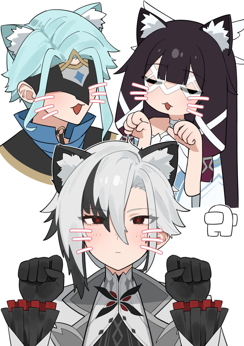 1boy, 2girls, :3, angel_wings_hair_ornament, animal_ear_fluff, animal_ears, aqua_hair, arlecchino_(genshin_impact)