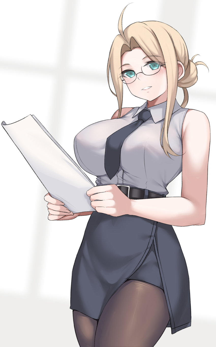 1girl, absurdres, ahoge, asymmetrical_hair, belt, bespectacled, black_belt, black_necktie