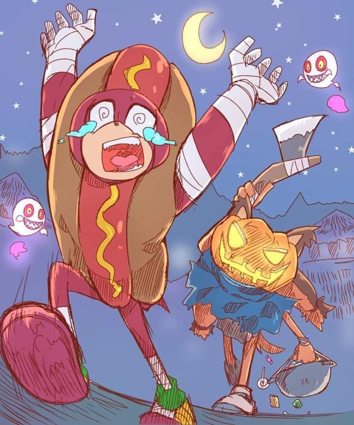 artist_request, boom_boo_(sonic), candy, candy_bag, chasing, food, ghost, gloves, halloween, hot_dog, hot_dog_costume, jack-o'-lantern, knuckles_the_echidna, mask, petite, prank, pumpkin, running, scared, scarf, sega, shoes, size_difference, skirt, sonic_(series), sonic_boom_(series), sticks_the_badger, twintails
