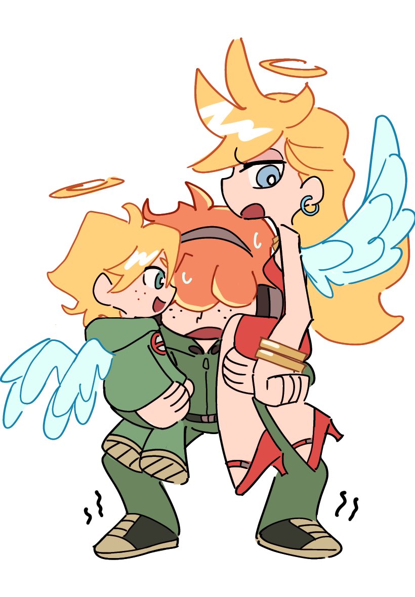 1girl, 2boys, angel_wings, baby, blonde_hair, brief_(psg), carrying, carrying_baby