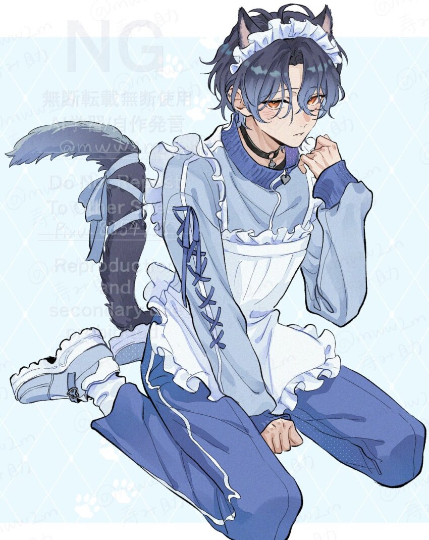 1boy, alternate_costume, animal_ears, black_choker, blue_hair, blue_pants, blue_ribbon, blush, cat_boy, cat_ears, cat_tail, choker, commentary, curtained_hair, ensemble_stars!, full_body, hand_up, highres, jersey_maid, kemonomimi_mode, kotobukimisuke, long_sleeves, looking_at_viewer, maid, maid_headdress, male_focus, orange_eyes, pants, parted_lips, paw_print, ribbon, short_hair, sitting, socks, solo, tail, tsuzura_chitose, twitter_username, unconventional_maid, watermark, white_headdress