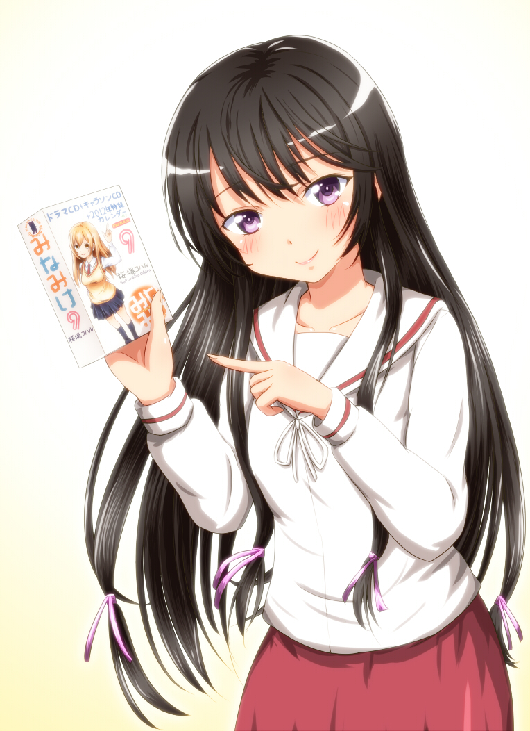 1girl, black_hair, blush, boku_wa_tomodachi_ga_sukunai, cosplay, diesel-turbo, female_focus, hair_ribbon, long_hair, mikazuki_yozora, minami-ke, minami_haruka, minami_kana, minami_kana_(cosplay), pointing, purple_eyes, ribbon, school_uniform, skirt, smile, solo, voice_actor, voice_actor_connection