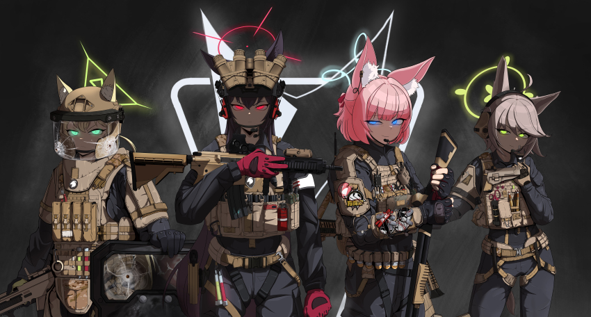 40mm_grenade, 4girls, absurdres, ahoge, ammunition, animal_ear_fluff, animal_ears, anti-materiel_rifle