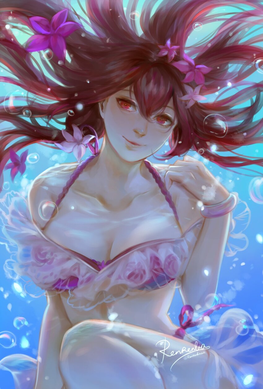 1girl, air_bubble, bikini, bracelet, breasts, brown_hair, bubble, cleavage, closed_mouth, collarbone, commentary_request, fate/grand_order, fate_(series), floating_hair, flower, highres, jewelry, long_hair, looking_at_viewer, pink_bikini, pink_flower, red_eyes, renrenka_noi, scathach_(fate), scathach-skadi_(fate), scathach-skadi_(swimsuit_ruler)_(first_ascension)_(fate), signature, solo, swimsuit, underwater