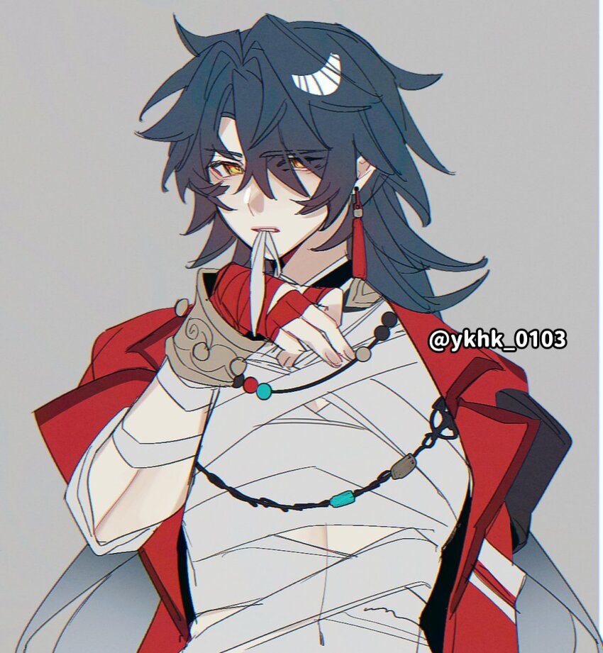 1boy, ahoge, bandaged_chest, bandaged_wrist, bandages, biting, blade_(elation)_(honkai:_star_rail), blade_(honkai:_star_rail)