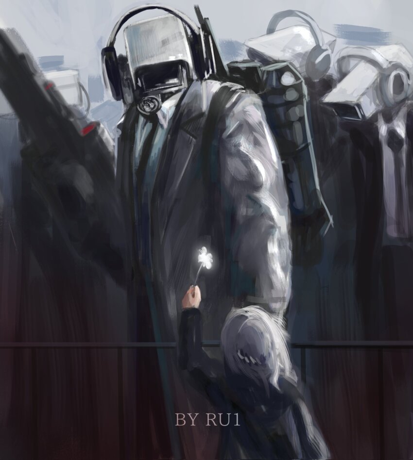 1girl, 4boys, artist_name, black_necktie, camera_man_(character), cloud_ruan99543, commentary, energy_gun