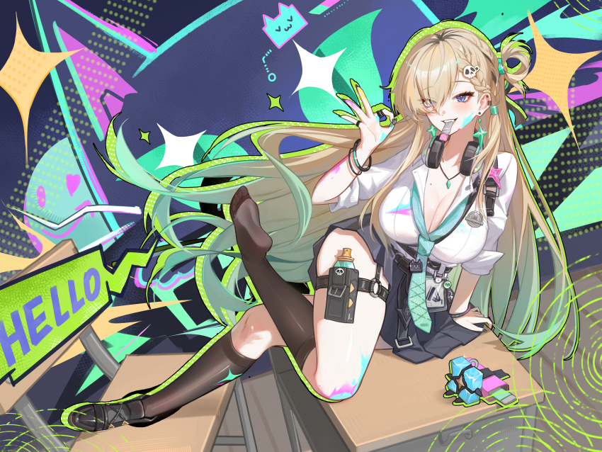 1girl, absurdres, aqua_necktie, arm_up, black_nails, black_shoes, black_skirt, black_socks