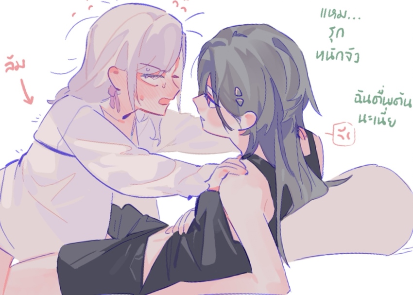 2girls, anger_vein, arrow_(symbol), bare_shoulders, black_hair, black_shorts, black_tank_top, blank_eyes