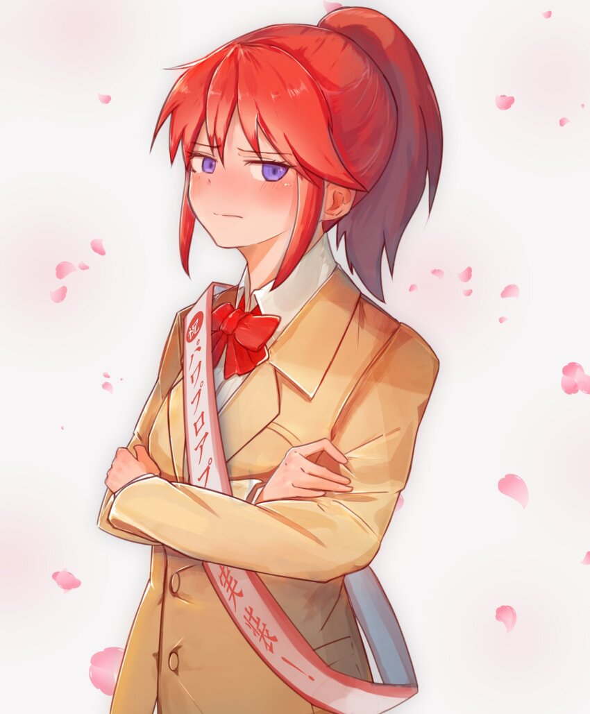 1girl, amepa_(ame_pinecandy), blazer, blush, bow, bowtie, brown_hair, brown_jacket