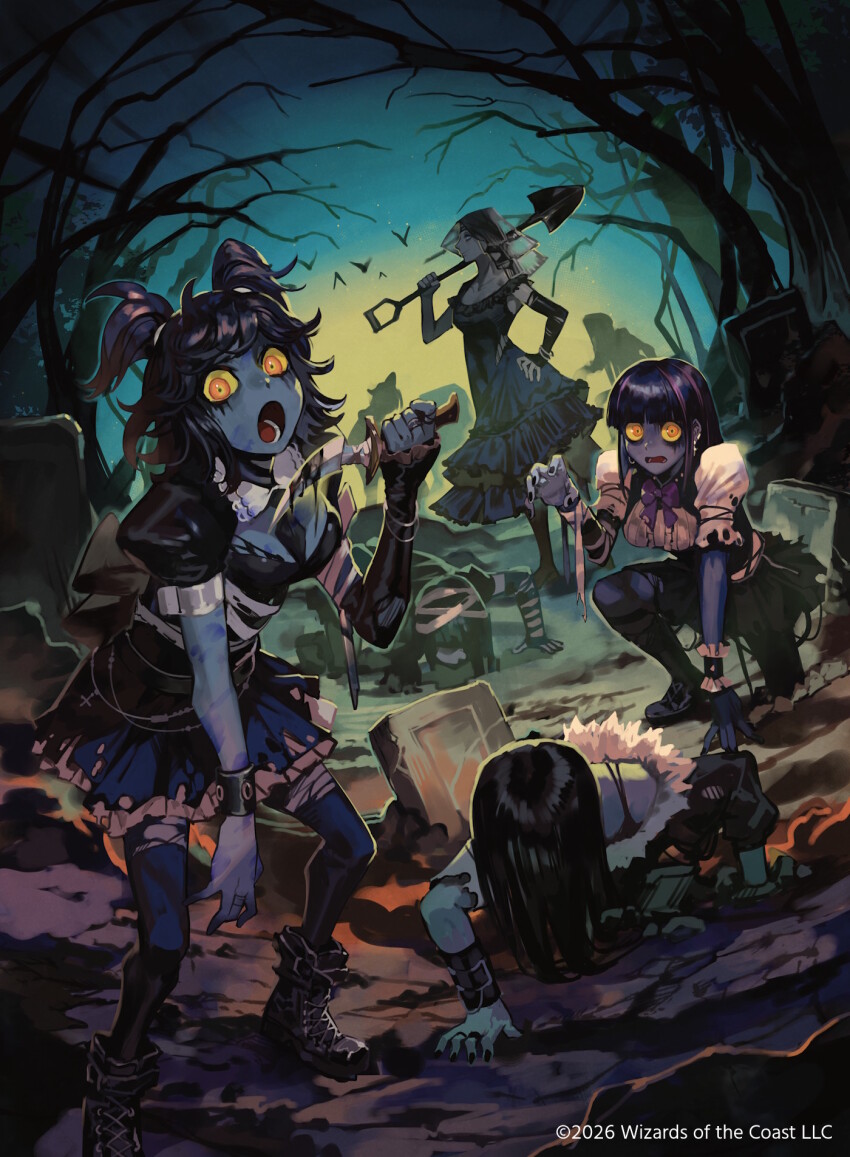 1girl, bare_tree, black_choker, black_dress, black_eyeshadow, black_hair, black_nails, boots, breasts, choker, cleavage, cloud, colored_skin, dress, eyeshadow, face_piercing, full_body, gisa_(magic), gloves, goth_fashion, gothic_lolita, grave, graveyard, highres, holding, holding_weapon, hungry_clicker, innistrad_(plane), jewelry, labret_piercing, lace, lace_sleeves, large_breasts, lolita_fashion, long_hair, long_sleeves, looking_at_viewer, magic:_the_gathering, makeup, moon, multiple_girls, necromancer, night, official_art, open_mouth, outdoors, outstretched_arms, piercing, red_eyes, short_hair, skirt, sky, solo, thighhighs, tombstone, tree, undead, upper_body, weapon, zombie, zombie_pose