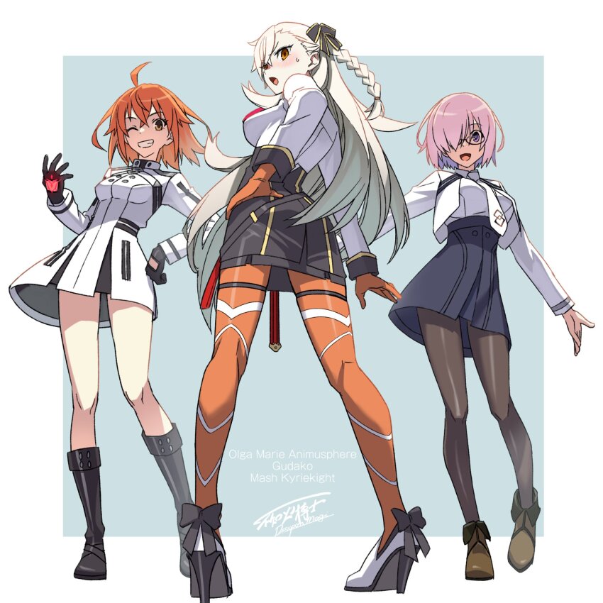 3girls, ahoge, ass, asymmetrical_bangs, black_gloves, blush, braid, chaldea_uniform