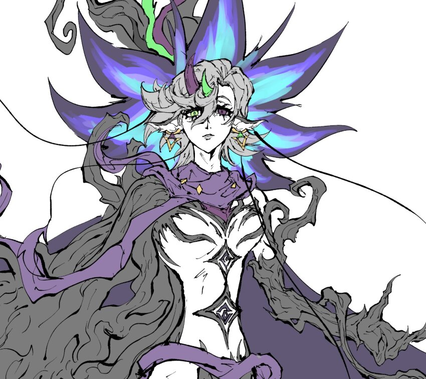 1girl, branch, colored_skin, commentary, diabell_queen_of_the_white_forest, duel_monster, earrings, english_commentary