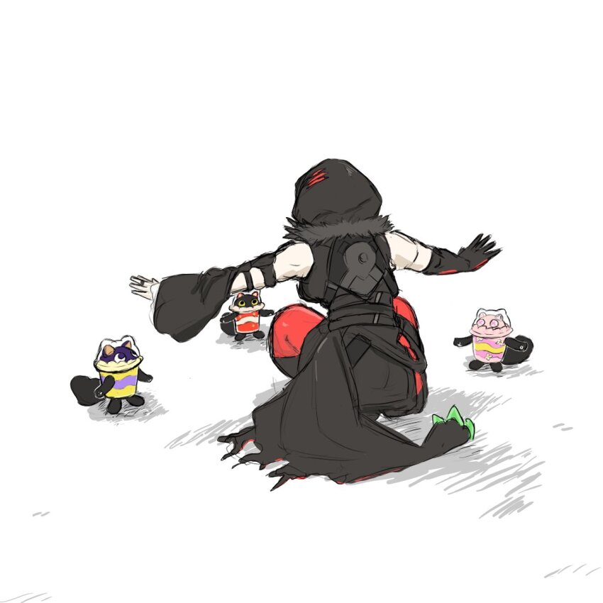 1girl, animal_ears, belt, black_hood, cat_ears, check_commentary, commentary_request, cup, cupsy_yummy, diabellstar_the_black_witch, duel_monster, elbow_gloves, facing_away, fur_collar, gloves, highres, jewelry, jurassic_world, looking_at_another, mrimoritkg, outstretched_arms, ring, single_elbow_glove, tail, white_background, yu-gi-oh!