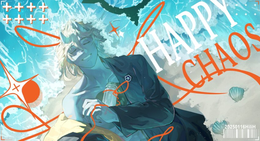 1boy, barcode, beach, black_halo, black_jacket, blue_horns, blue_skin, character_name