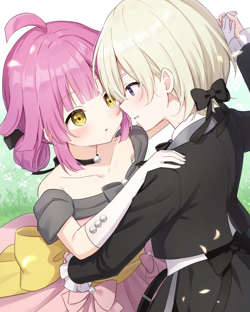 2girls, back_bow, bare_shoulders, black_bow, black_jacket, blonde_hair, bow, collarbone, collared_shirt, commentary, dress, elbow_gloves, english_commentary, eye_contact, gloves, grin, hair_bow, hanazora_satsuki, hand_on_another's_shoulder, holding_hands, jacket, like_a_treasure_(love_live!), looking_at_another, love_live!, love_live!_nijigasaki_high_school_idol_club, love_live!_nijigasaki_high_school_idol_club_the_movie_-_finale, mia_taylor, multiple_girls, off-shoulder_dress, off_shoulder, parted_lips, pink_dress, pink_hair, purple_eyes, shirt, smile, stay_(love_live!), suit_jacket, tennoji_rina, waltz_(dance), white_gloves, white_shirt, yellow_bow, yellow_eyes, yuri