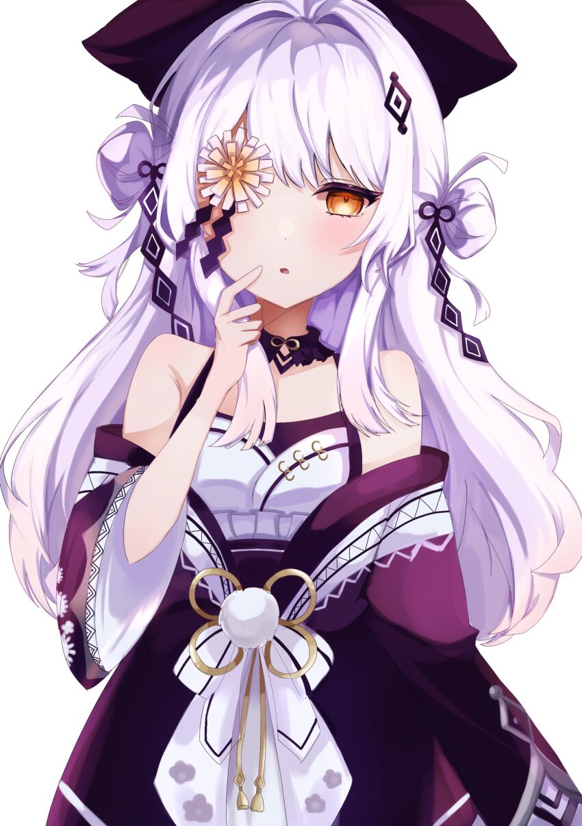 1girl, blush, commentary_request, flower_in_eye, flower_ornament, hair_ornament, hat, highres