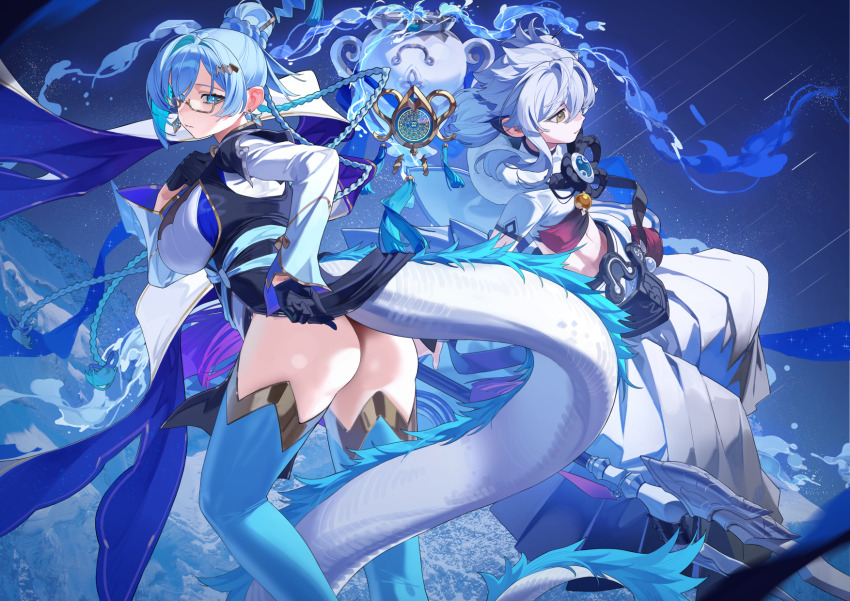 1boy, 1girl, ass, black_gloves, blue_eyes, blue_hair, blue_thighhighs, braid