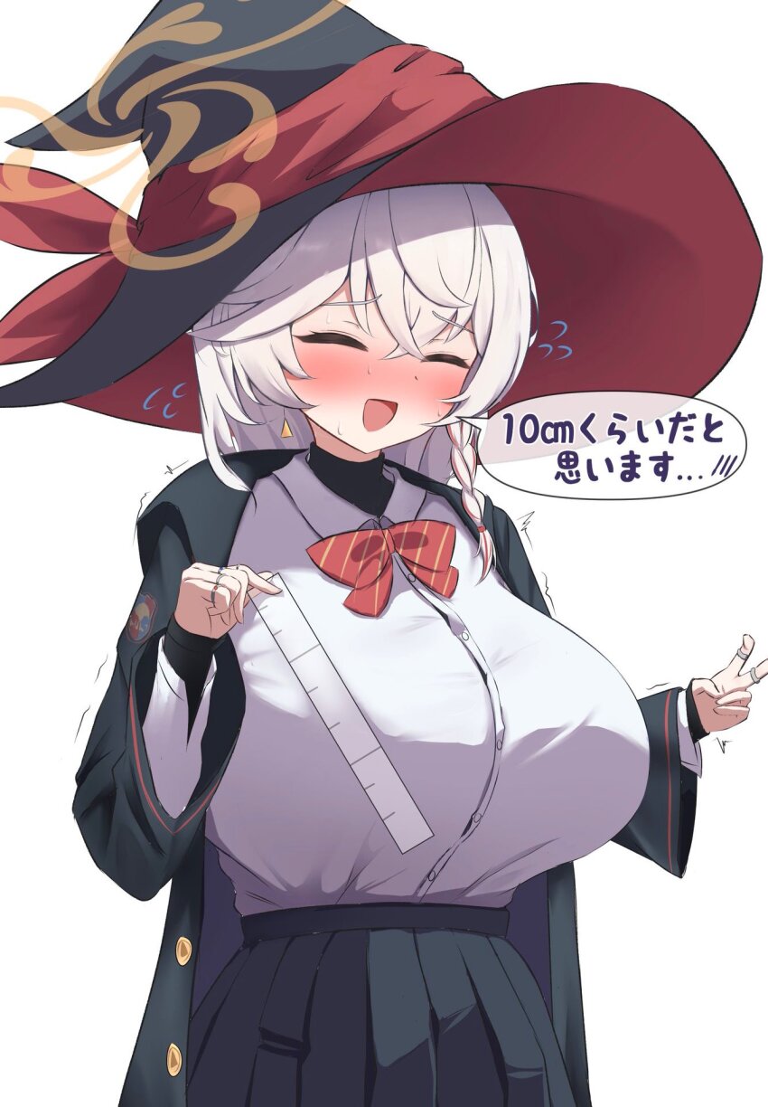 1girl, :d, black_hat, black_skirt, blue_archive, blush, bow, bowtie