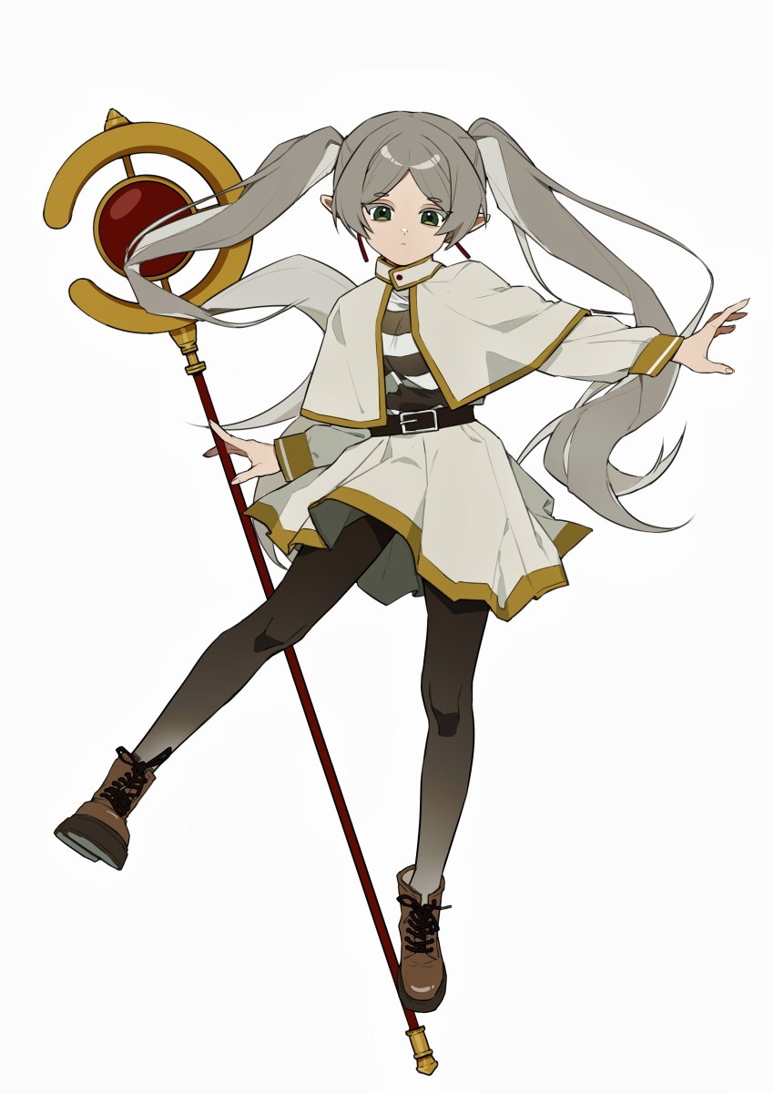 1girl, absurdres, belt, black_belt, black_pantyhose, boots, brown_boots, capelet