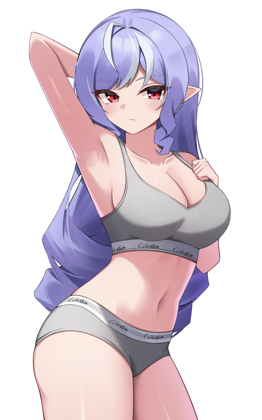 1girl, arm_behind_head, arm_up, armpits, bare_arms, bare_shoulders, braid, breasts