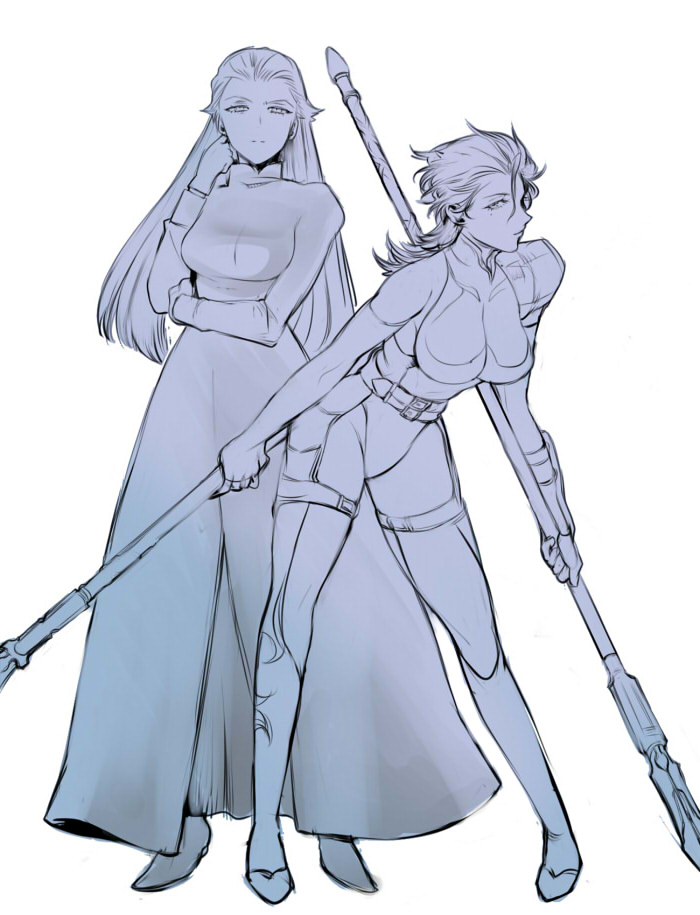 2girls, breasts, diarmuid_ua_duibhne_(fate), diarmuid_ua_duibhne_(lancer)_(fate), dress, dual_wielding, fate/stay_night, fate/zero