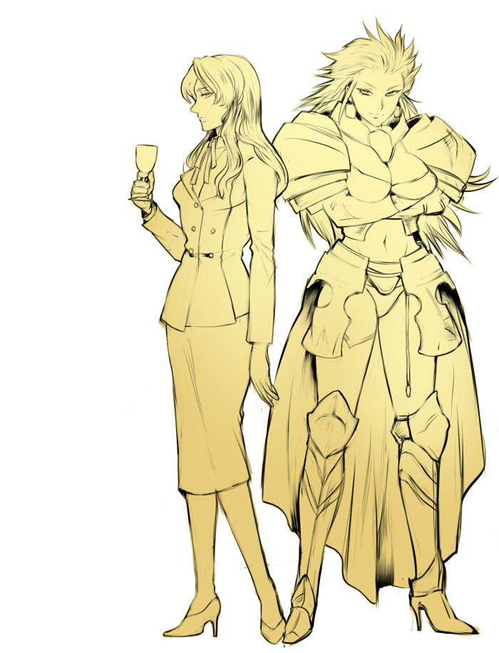 2girls, armor, breasts, cleavage, crossed_arms, cup, drinking_glass, earrings