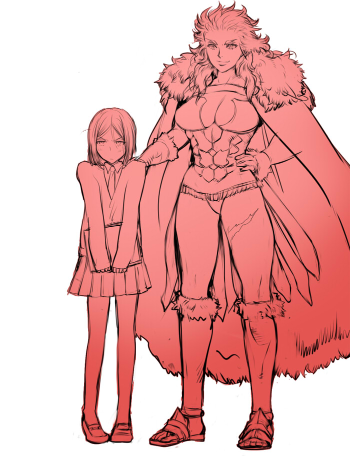 2girls, armor, bob_cut, book, breasts, cape, cleavage, fate/stay_night, fate/zero, fate_(series), fur_trim, genderswap, genderswap_(mtf), height_difference, iskandar_(fate), medium_breasts, monochrome, multiple_girls, necktie, pleated_skirt, sabata_yuki, scar, short_hair, skirt, tori_(driftwood), waver_velvet