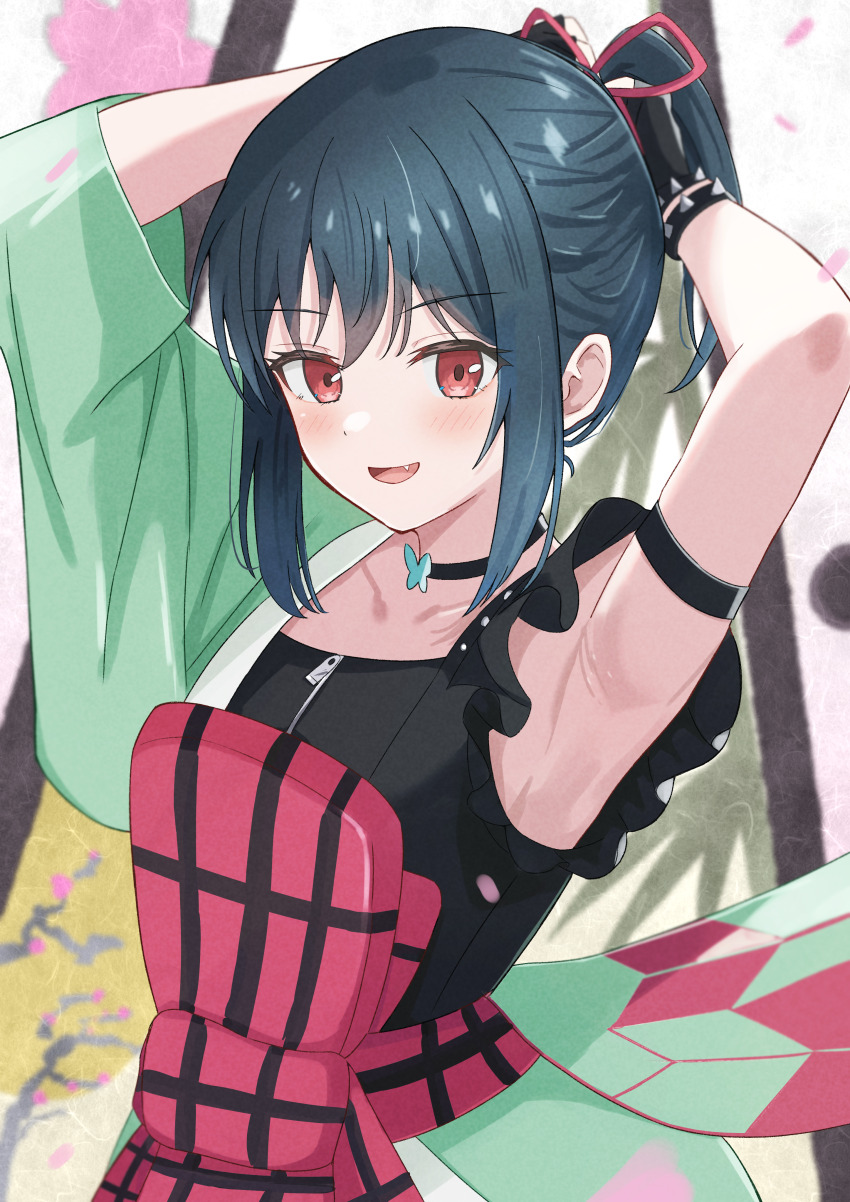 1girl, absurdres, armpits, arms_up, azakura_(beniyomogi), black_choker, black_hair, blush, butterfly_choker, choker, collarbone, commentary_request, fang, highres, itoshiki_yume_yo_izanaite, japanese_clothes, looking_at_viewer, love_live!, love_live!_nijigasaki_high_school_idol_club, love_live!_nijigasaki_high_school_idol_club_the_movie_-_finale, mifune_shioriko, official_alternate_costume, open_mouth, ponytail, presenting_armpit, red_eyes, short_hair, sidelocks, smile, solo, zipper_pull_tab