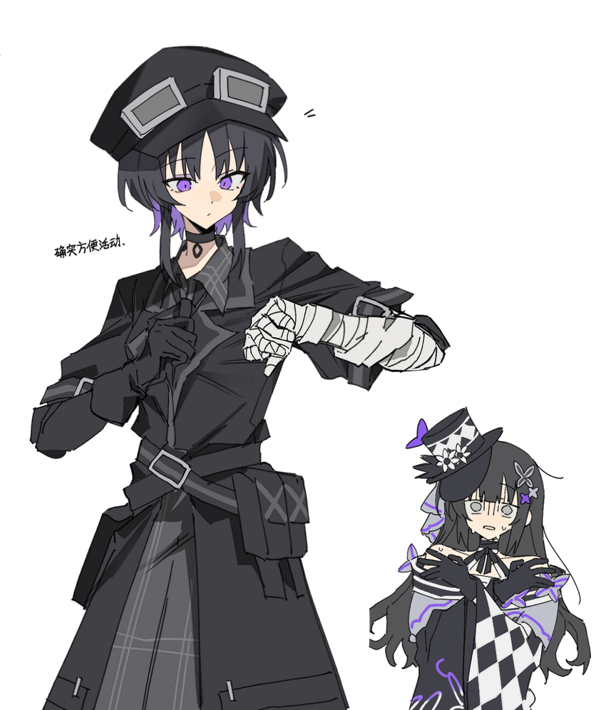 2girls, bare_shoulders, black_choker, black_gloves, black_hair, black_hat, black_jacket, chinese_text