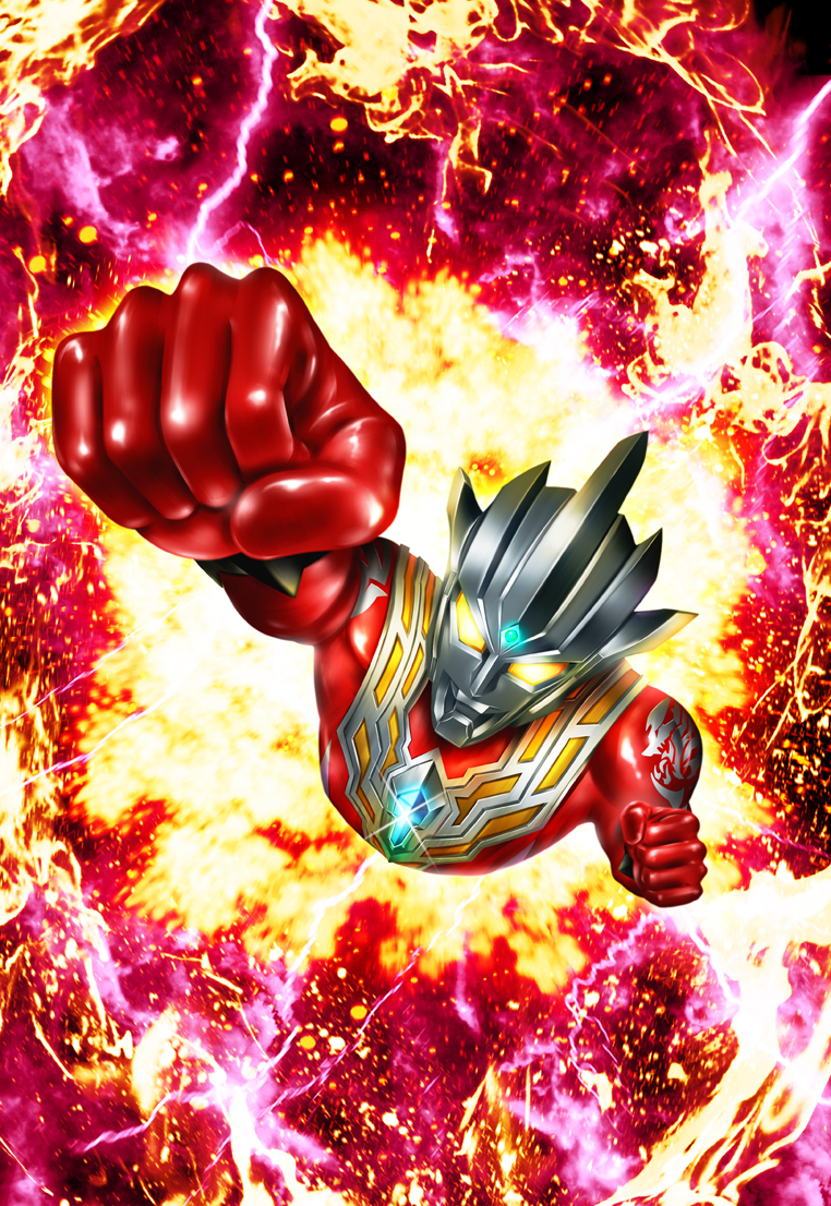 1boy, alien, arm_tattoo, arm_up, armor, batayan, bracelet, breastplate, clenched_hands, color_timer, colored_skin, commentary, crackling_energy, dorsal_fin, energy, fiery_background, fire, forehead_jewel, foreshortening, from_above, gem, glint, glowing, glowing_eyes, green_gem, gun_gun_cut, henshin, jewelry, looking_up, male_focus, multicolored_skin, muscular, muscular_male, no_pupils, pectorals, pointy_ears, raised_fist, red_skin, silver_skin, solo, spiked_bracelet, spikes, tattoo, tokusatsu, two-tone_skin, ultra_galaxy_(series), ultra_galaxy_fight:_the_destined_crossroad, ultra_series, ultraman_regulos, yellow_eyes