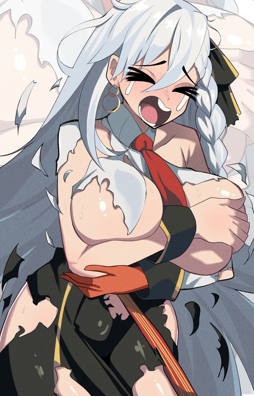 ahoge, arms_across_body, blush, bow, braid, breasts, closed_eyes, commentary_request