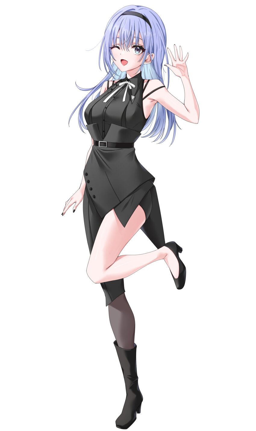 1girl, absurdres, arm_up, asymmetrical_footwear, asymmetrical_legwear, bare_shoulders, black_boots, black_hairband