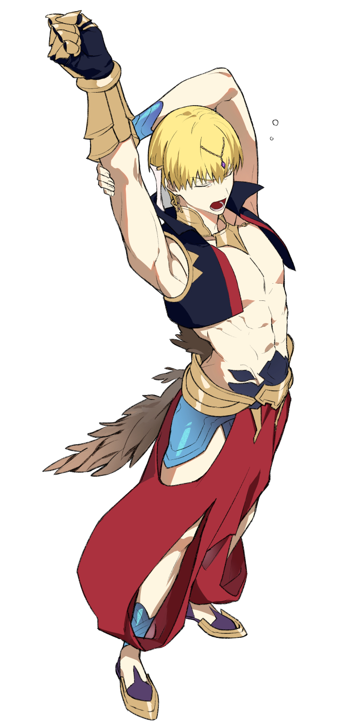 1boy, arabian_clothes, arm_up, blonde_hair, blue_vest, closed_eyes, clothing_cutout, cropped_vest, earrings, fate/grand_order, fate_(series), full_body, gauntlets, gilgamesh, gilgamesh_(caster)_(fate), gilgamesh_(fate), gold_collar, gold_earrings, gold_gauntlet, hair_ornament, highres, hip_vent, hypnr9, jewelry, male_focus, open_clothes, open_mouth, open_vest, pants, puffy_pants, red_pants, simple_background, single_gauntlet, solo, stretching, toned, toned_male, veil, vest, white_background, white_veil, yawning