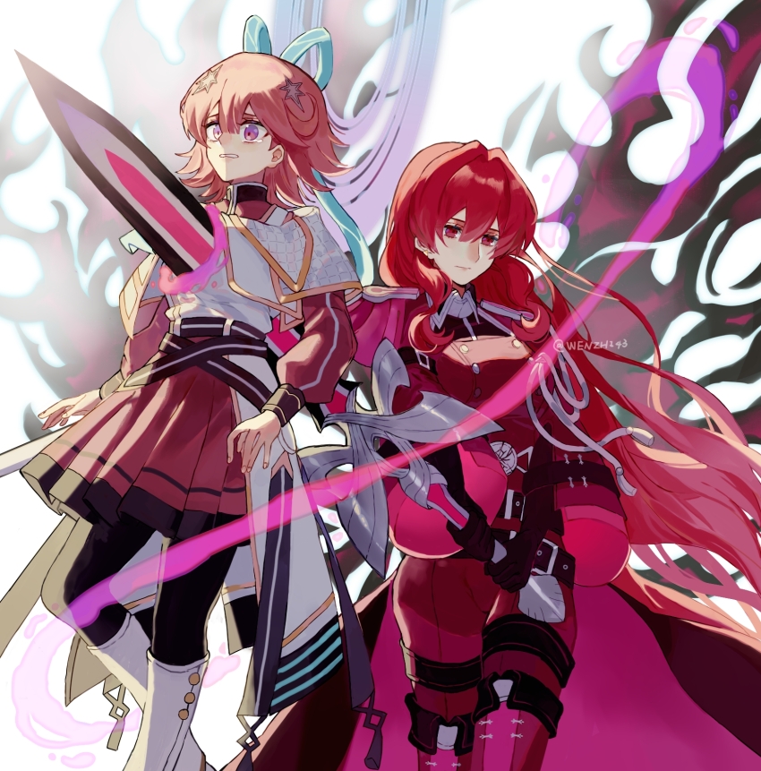 2girls, belt, black_gloves, black_pantyhose, boots, breasts, buttons, clenched_teeth