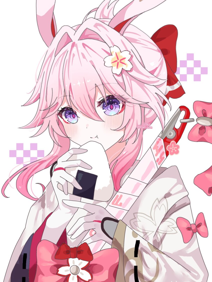 1girl, animal_ears, bow, commentary_request, eating, evanescia_(honkai:_star_rail), eyeliner, floral_print