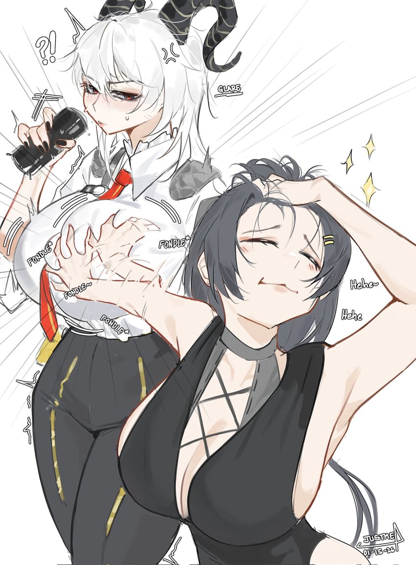 2girls, bare_shoulders, black_bow, black_dress, black_horns, black_pants, blush, bow, breasts, closed_mouth, commentary, curled_horns, dress, english_commentary, female_rover_(wuthering_waves), grabbing_another's_breast, groping, hair_ornament, high-waist_pants, highres, horns, huge_breasts, jacket, jacket_on_shoulders, jujutsu_kaisen, kakesu2396, long_hair, looking_at_another, low_ponytail, meme, multiple_girls, naoya_hitting_choso_without_looking_(meme), outstretched_arm, pants, ponytail, red_eyes, rover_(wuthering_waves), shirt, shirt_tucked_in, side_slit, sideboob, skindentation, sleeveless, sleeveless_dress, smile, standing, sweat, tight_clothes, tight_pants, white_background, white_hair, wuthering_waves, zani_(wuthering_waves)