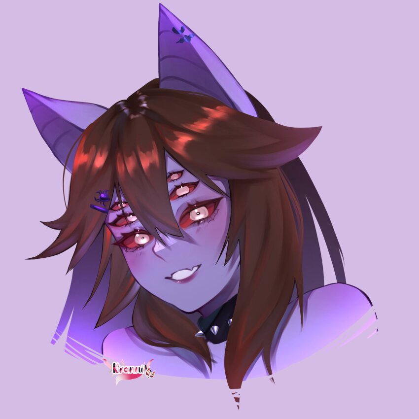 1girl, animal_ears, arthropod_girl, artist_logo, bat_earrings, bat_ears, brown_hair, collar, colored_sclera, colored_skin, commentary, dante_will_(spider), earrings, english_commentary, extra_eyes, hair_between_eyes, highres, insect_girl, jewelry, kiranni1, logo, medium_hair, monster_girl, neobaka, purple_skin, red_sclera, smile, spider_girl, spiked_collar, spikes