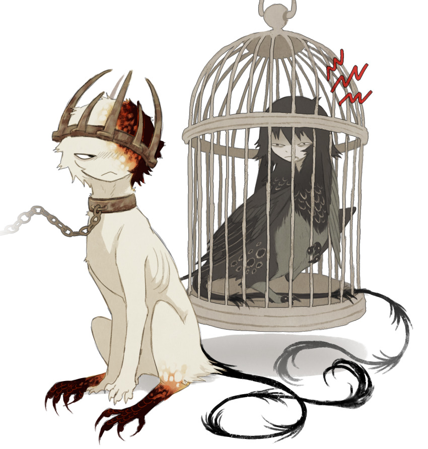 :<, annoyed, bird, bird_legs, birdcage, black_tail, brown_collar, cage