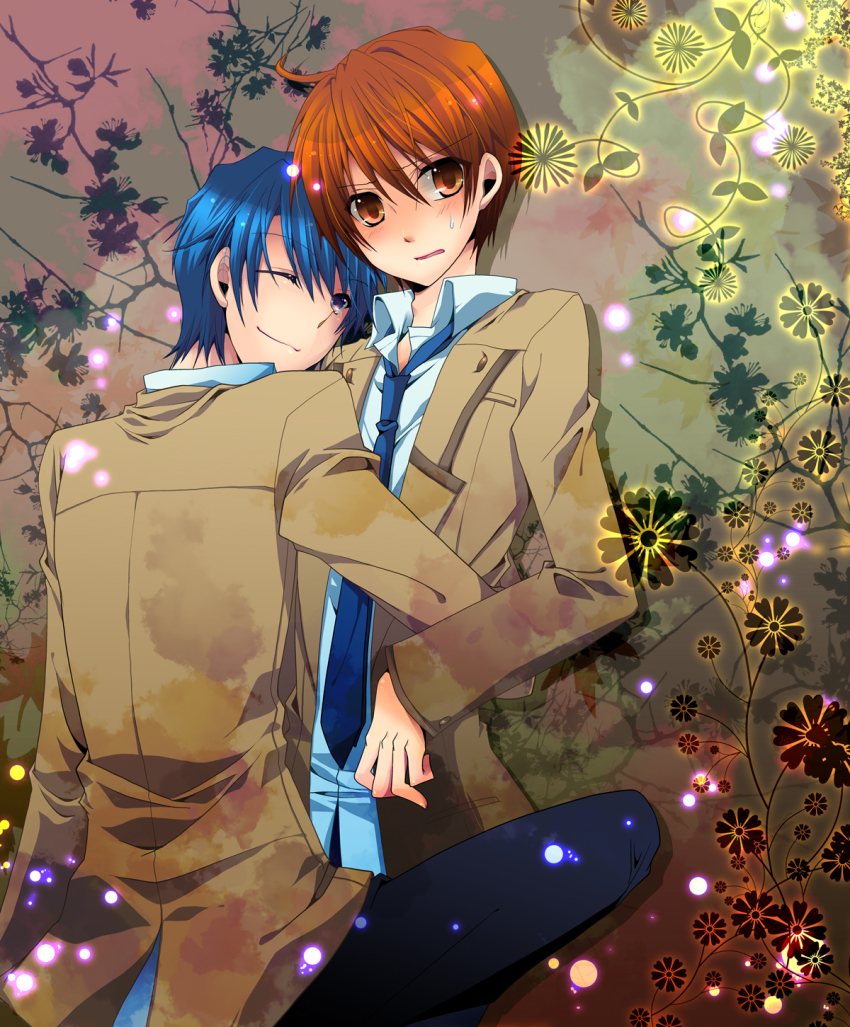 10s, 2boys, angel_beats!, bad_id, bad_pixiv_id, blue_hair, brown_eyes, brown_hair