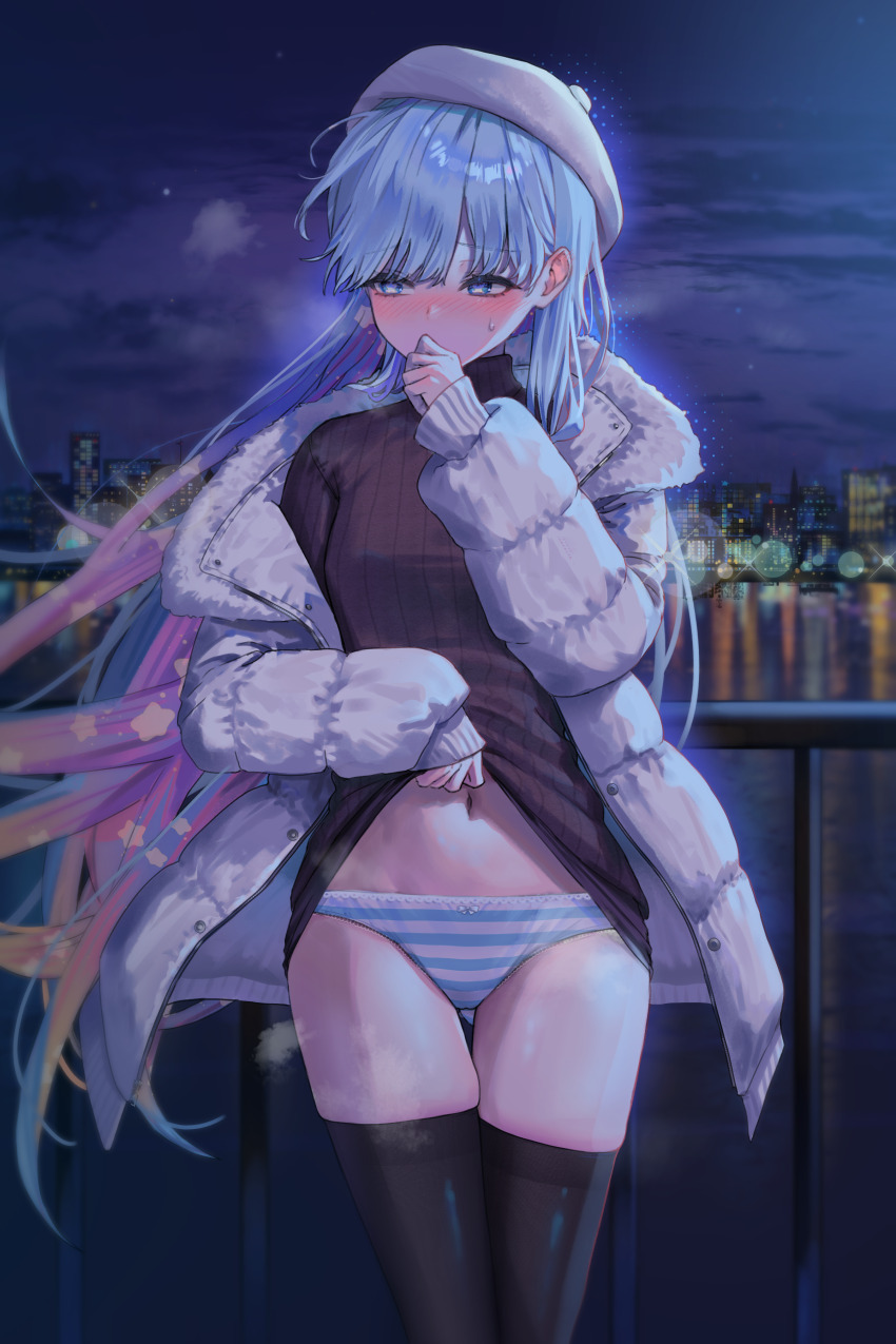1girl, absurdres, black_sweater, black_thighhighs, blue_eyes, blue_hair, blush, breasts