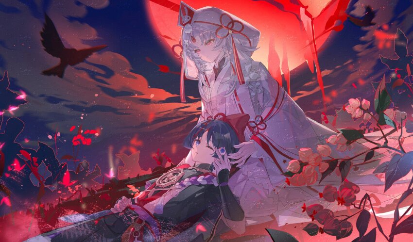 1boy, 1girl, armor, artist_request, bird, black_bodysuit, black_hair, black_kimono