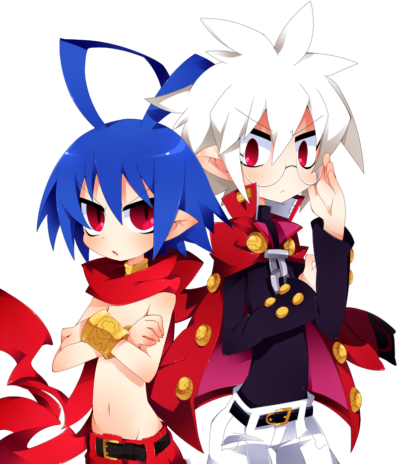 2boys, adjusting_eyewear, albino, antenna_hair, bad_id, bad_pixiv_id, belt, blue_hair