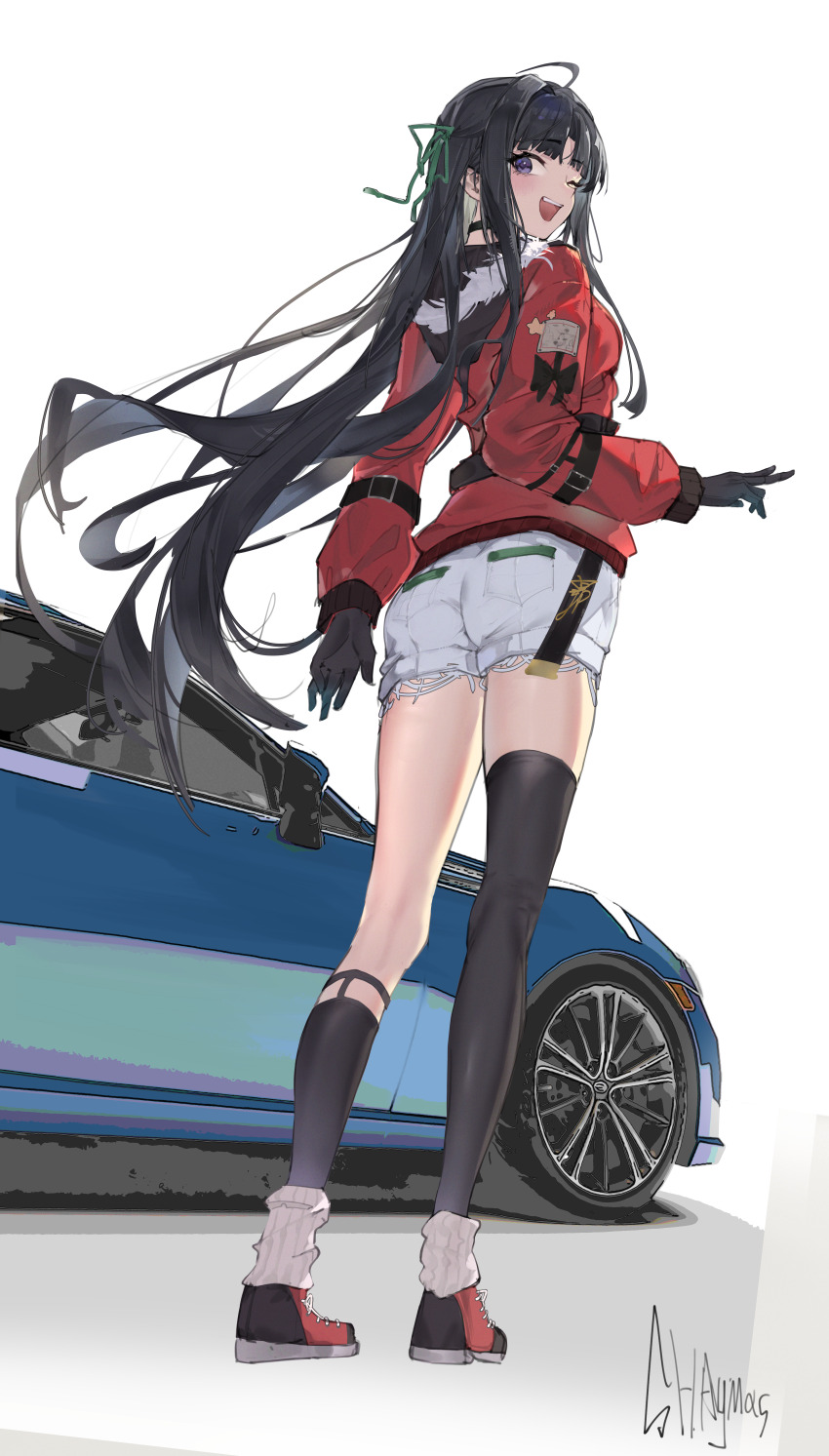 1girl, absurdres, ahoge, asymmetrical_legwear, awa_subaru, black_gloves, black_hair, black_socks