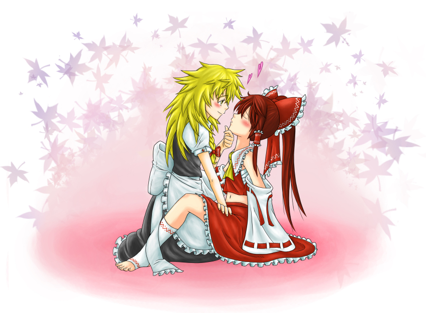 2girls, absurdres, apron, blonde_hair, blush, braid, brown_hair, closed_eyes