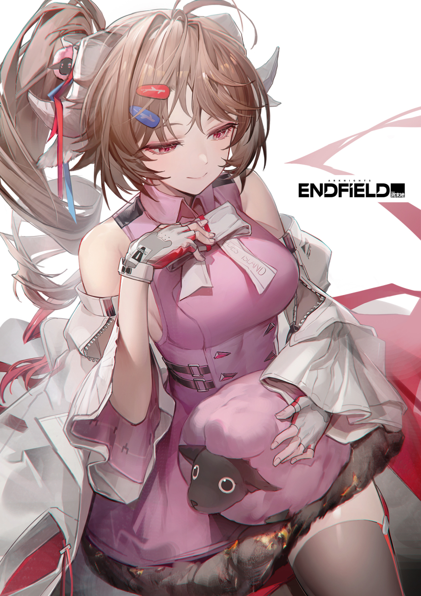 1girl, ardelia_(arknights), arknights, arknights:_endfield, black_thighhighs, brown_hair, closed_mouth, commentary, copyright_name, cowboy_shot, curled_horns, detached_sleeves, dress, drill_hair, drill_ponytail, fingerless_gloves, gamgi, gloves, hair_ornament, hairclip, hand_on_own_chest, highres, horns, little_black_sheep_(arknights), long_hair, pink_dress, red_eyes, sheep, sheep_girl, sheep_hair_ornament, sleeveless, sleeveless_dress, thighhighs, two-sided_gloves