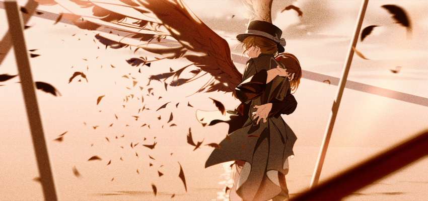 2girls, arm_around_another's_waist, arm_around_another's_back, black_coat, black_hair, black_hat, boater_hat, bow, brown_background, brown_theme, chinese_commentary, coat, commentary_request, facing_away, falling_feathers, feathered_wings, feathers, from_behind, grey_hair, hat, hat_bow, highres, hug, luojia_ying, multiple_girls, reverse:1999, schneider_(reverse:1999), standing, upper_body, vertin_(reverse:1999), wings, yuri