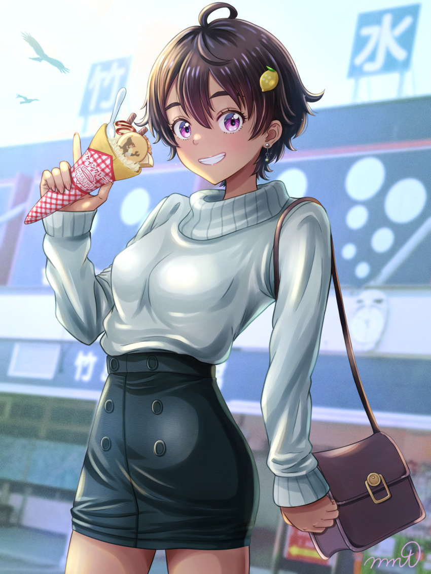 1girl, aichi_prefecture, bag, bird, black_hair, blush, breasts, brown_bag, brown_eyes, brown_hair, building, clenched_teeth, collared_sweater, commentary_request, crepe, earrings, food, food-themed_hair_ornament, green_skirt, hair_ornament, handbag, highres, holding, holding_crepe, holding_food, ice_cream_crepe, jewelry, lemon_hair_ornament, long_sleeves, make_heroine_ga_oo_sugiru!, manato, medium_breasts, miniskirt, official_alternate_costume, outdoors, pencil_skirt, purple_eyes, real_world_location, ribbed_collar, short_hair, shoulder_bag, signature, skirt, sky, smile, solo, sweater, sweater_tucked_in, teeth, white_sweater, yakishio_lemon